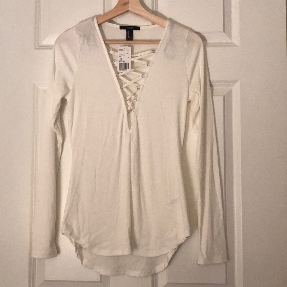 Forever 21 deep V lace up ribbed long sleeve tee